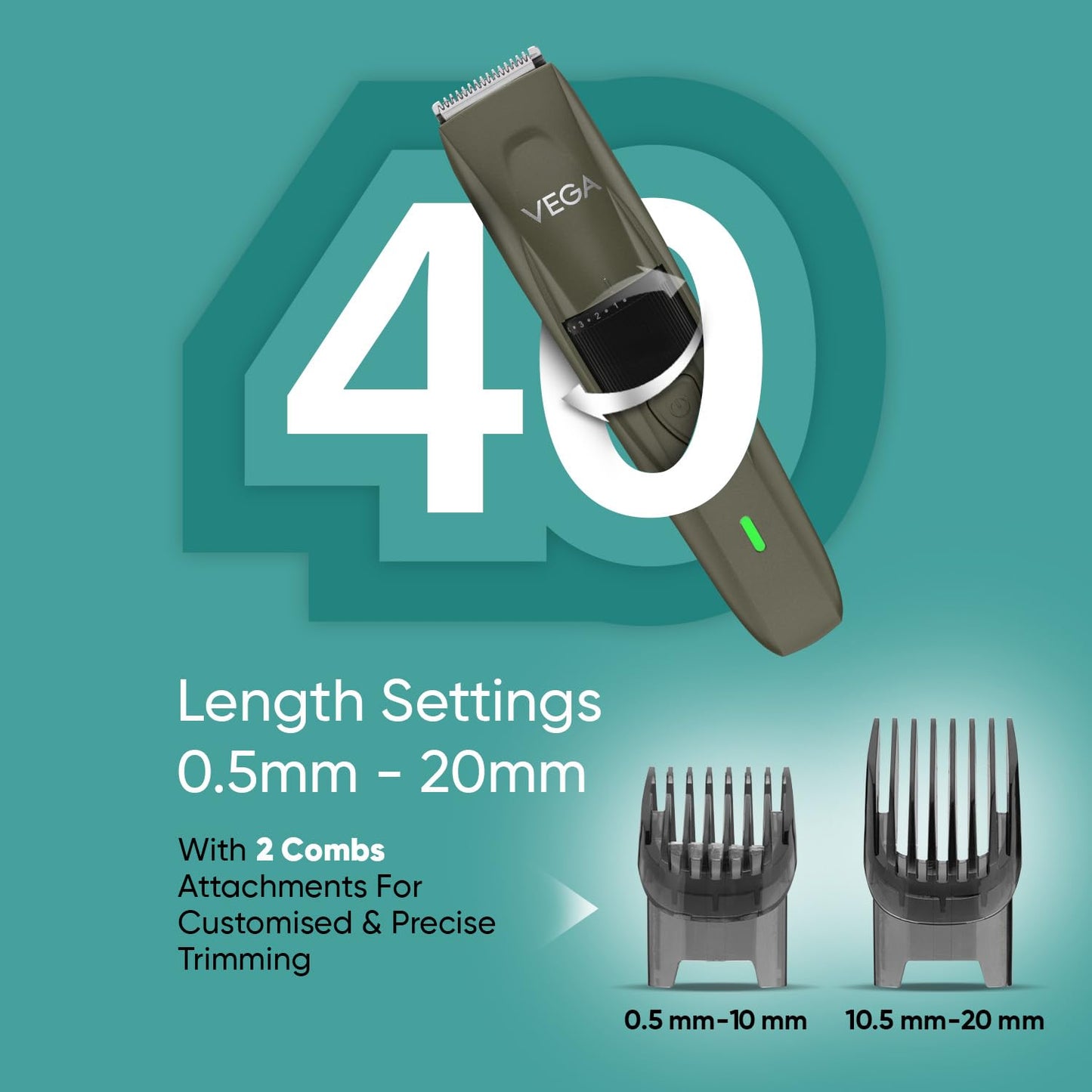 VEGA P1 Battery Powered Beard Trimmer for Men, USB C Type, 160 Mins Runtime 2 Beard Comb (VHTH-25) 1.0 unit