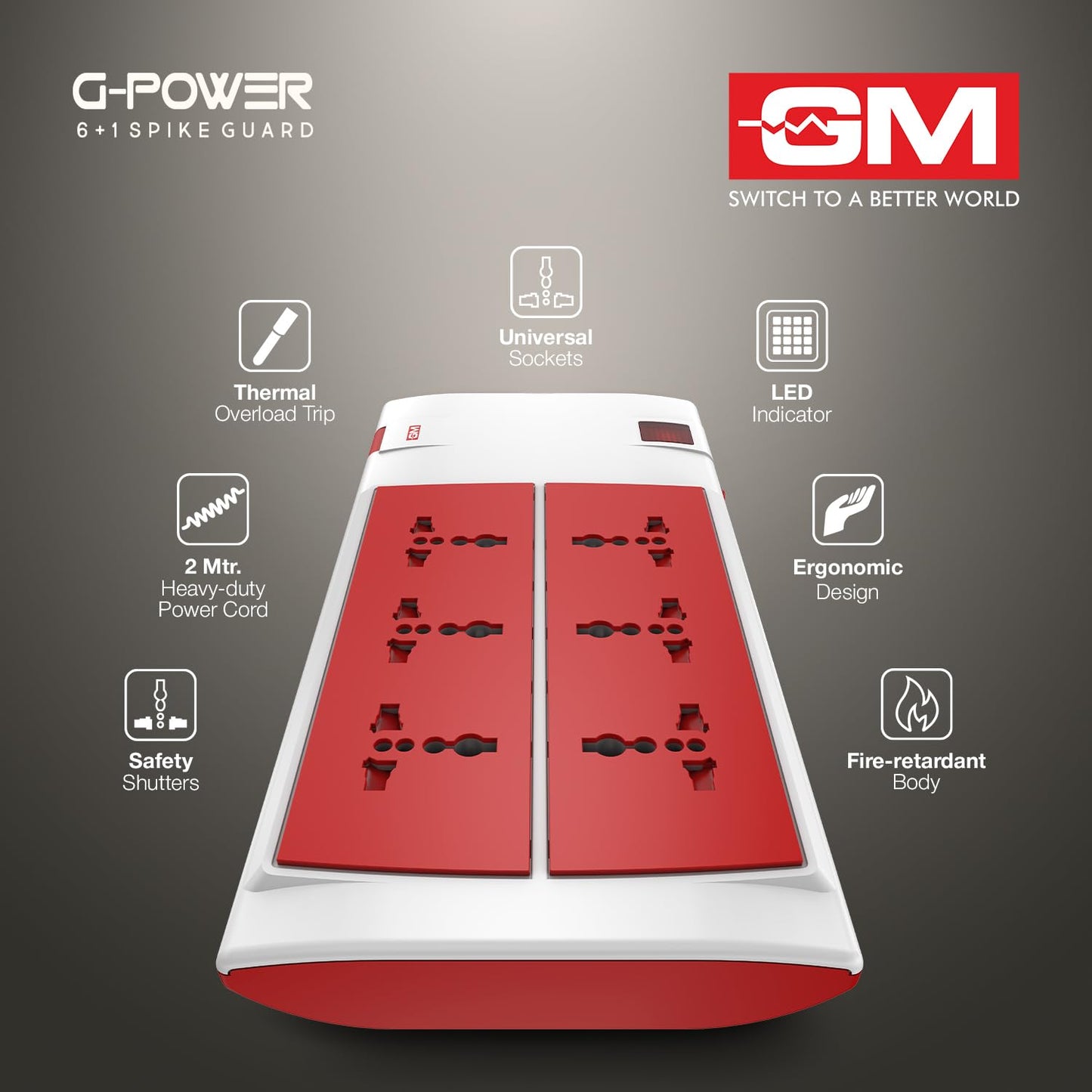 GM 3059 G-Power 6+1 Spike Guard Extension Board, Safety Shutter, 2 Mtr Wire - White 1.0 Piece