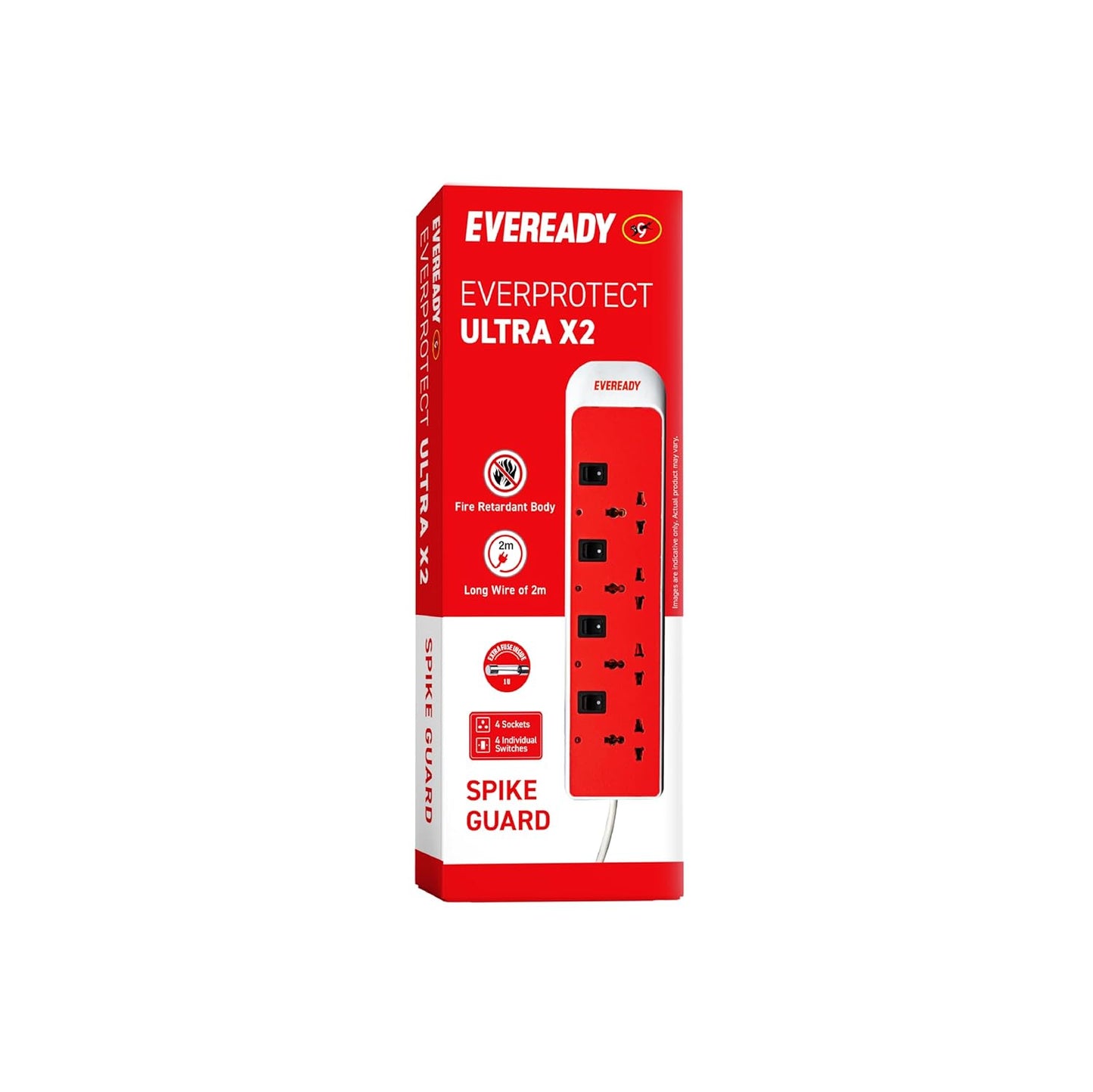 Eveready Everprotect Ultra X2 Spikeguard and 4 Socket Extension Boards for Reliable Performance, 2m (White and Red) 1.0 unit