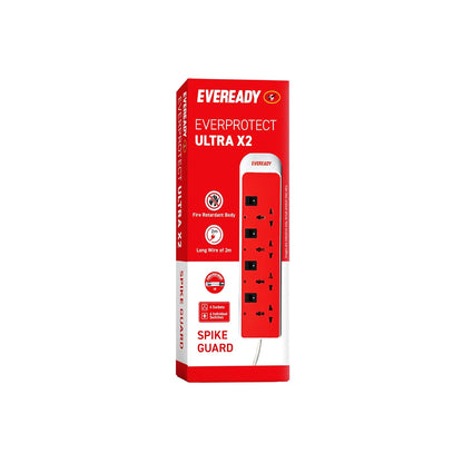 Eveready Everprotect Ultra X2 Spikeguard and 4 Socket Extension Boards for Reliable Performance, 2m (White and Red) 1.0 unit