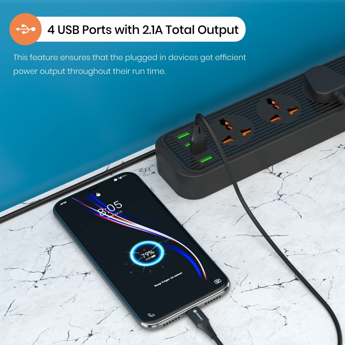 Portronics Power Plate 6 With 4 USB Port + 5 Power Sockets Power Converter - Black 1.0 unit