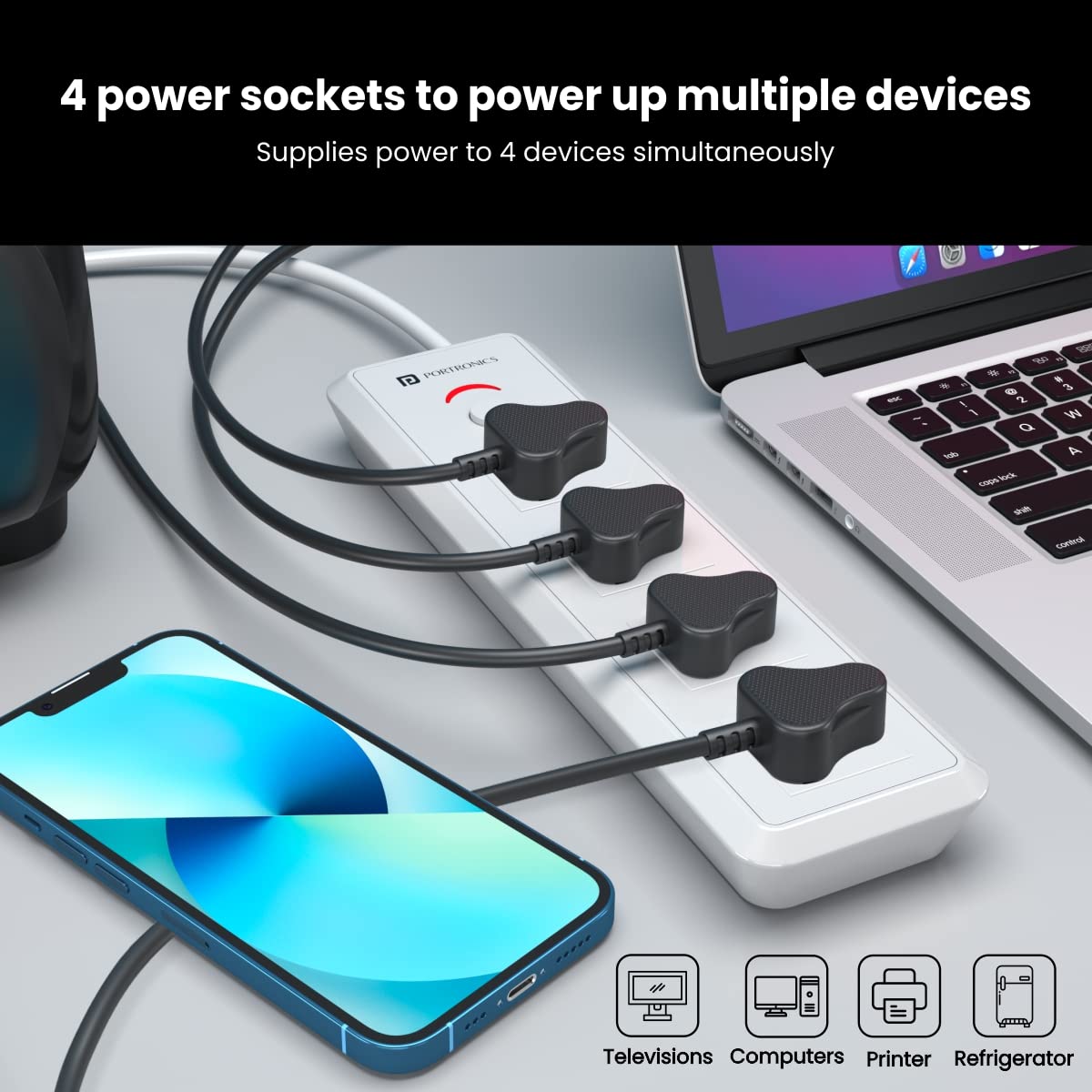 Portronics Power Plate 11 4 Power Sockets Power Converter with 3 M Long Power Cable - White 1.0 Piece