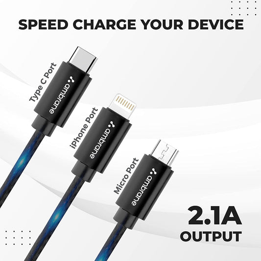 Ambrane 3in1 USB Fast Charging Cable with Type C, Lightning, Micro USB Port with 2.1A (Trio-11, Black) 1.0 unit