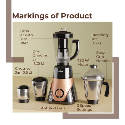Lifelong 750 Watt Mixer Grinder for Kitchen | 4 Jars Mixie with Chutney Jar,Jar for Shakes,Wet Grinding and Juicer |Blender for Juices & Shakes 1.0 Piece