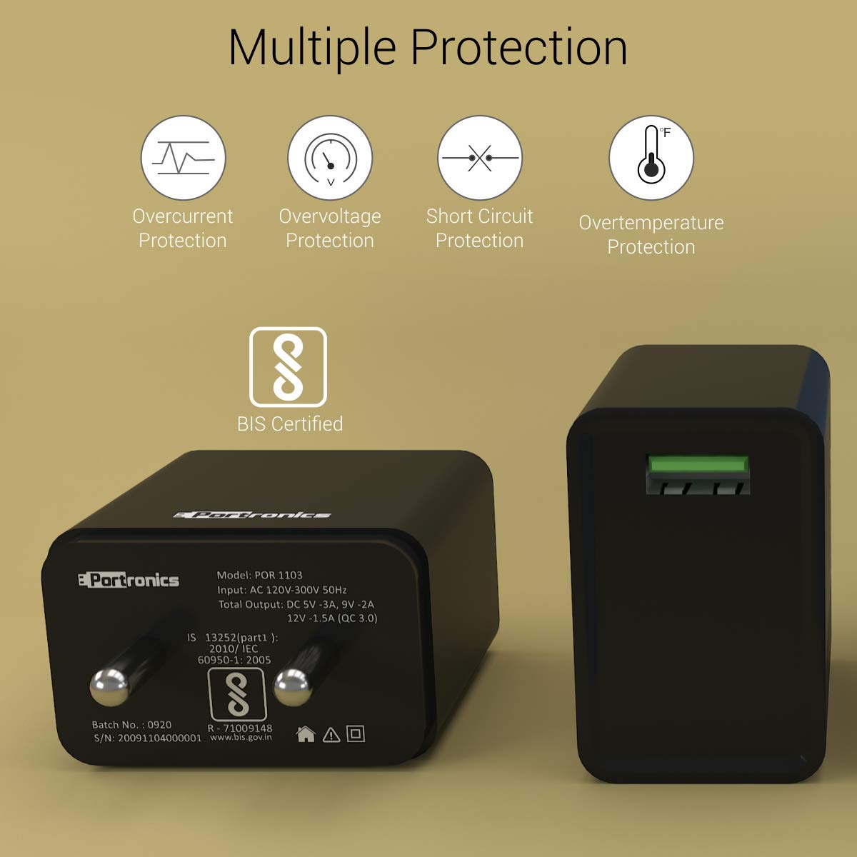 Portronics Adapto One ( With Type C Cable) 3.0A Single Port Adapter With Quick Charge - Black 1.0 unit