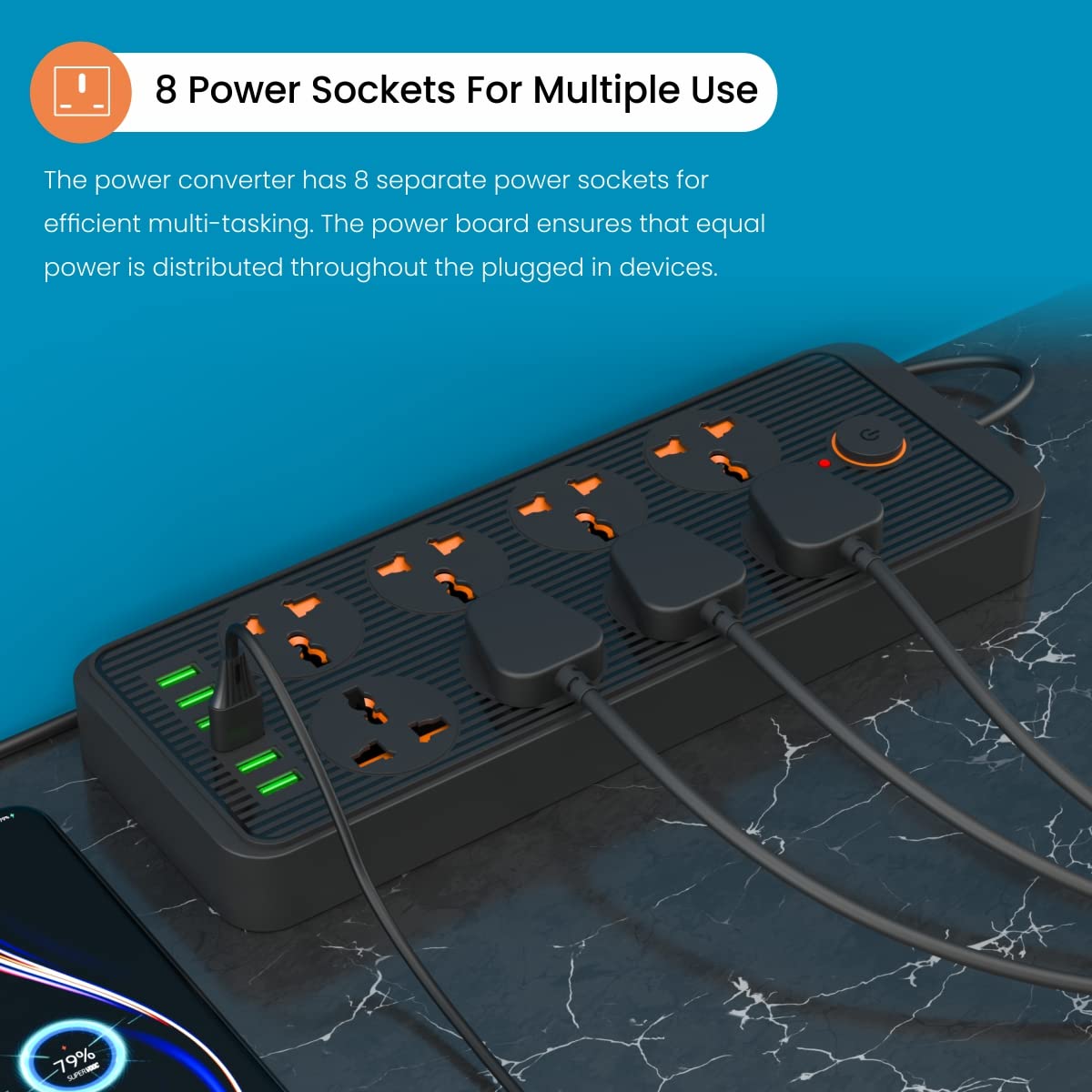 Portronics Power Plate 7 With 6 USB Port + 8 Power Sockets Power Converter - Black 1.0 Piece