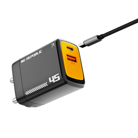Nu Republic Cybotron 45W GaN Superfast Wall Charger with Type-C To Type-C Cable (Black) 1.0 Piece