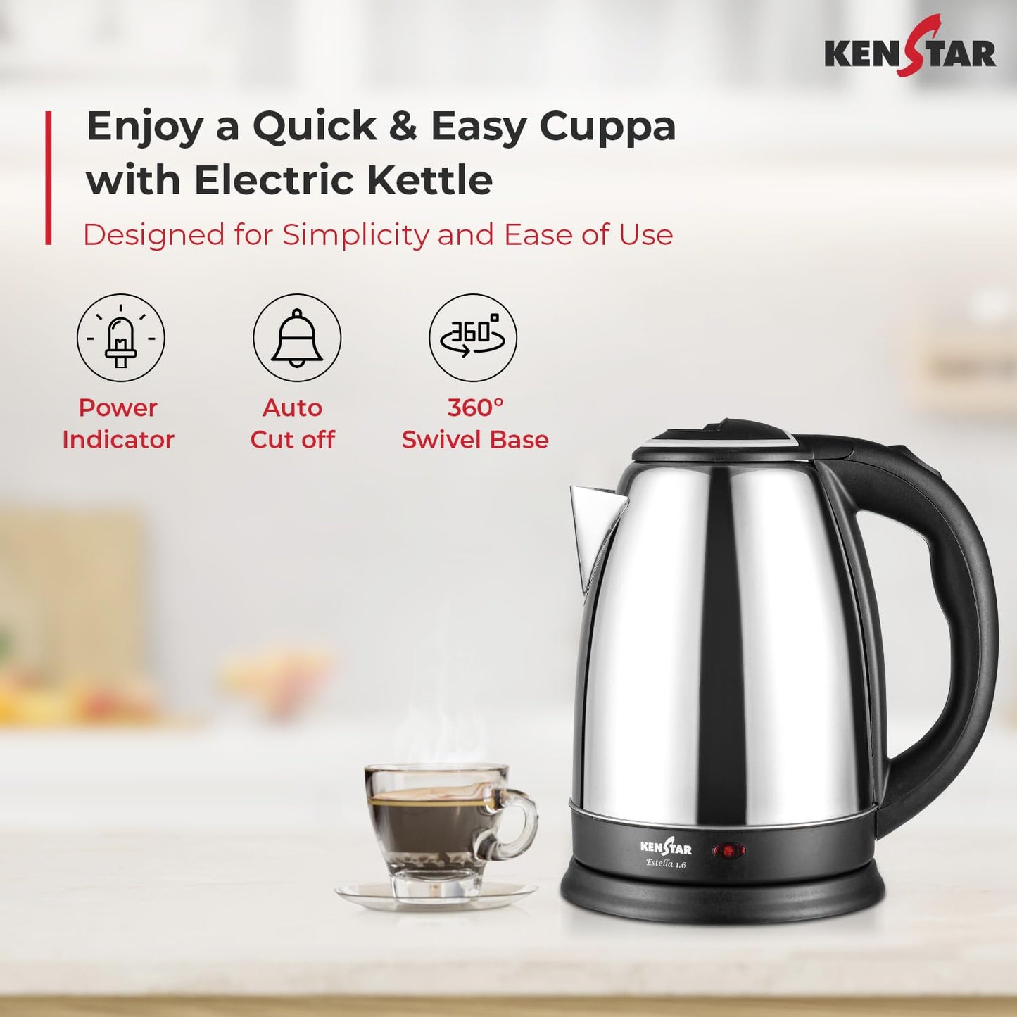Kenstar Estella Electric Kettle, 1.6L, Stainless Steel, Auto Shut off, rotatble base 1.0 pack