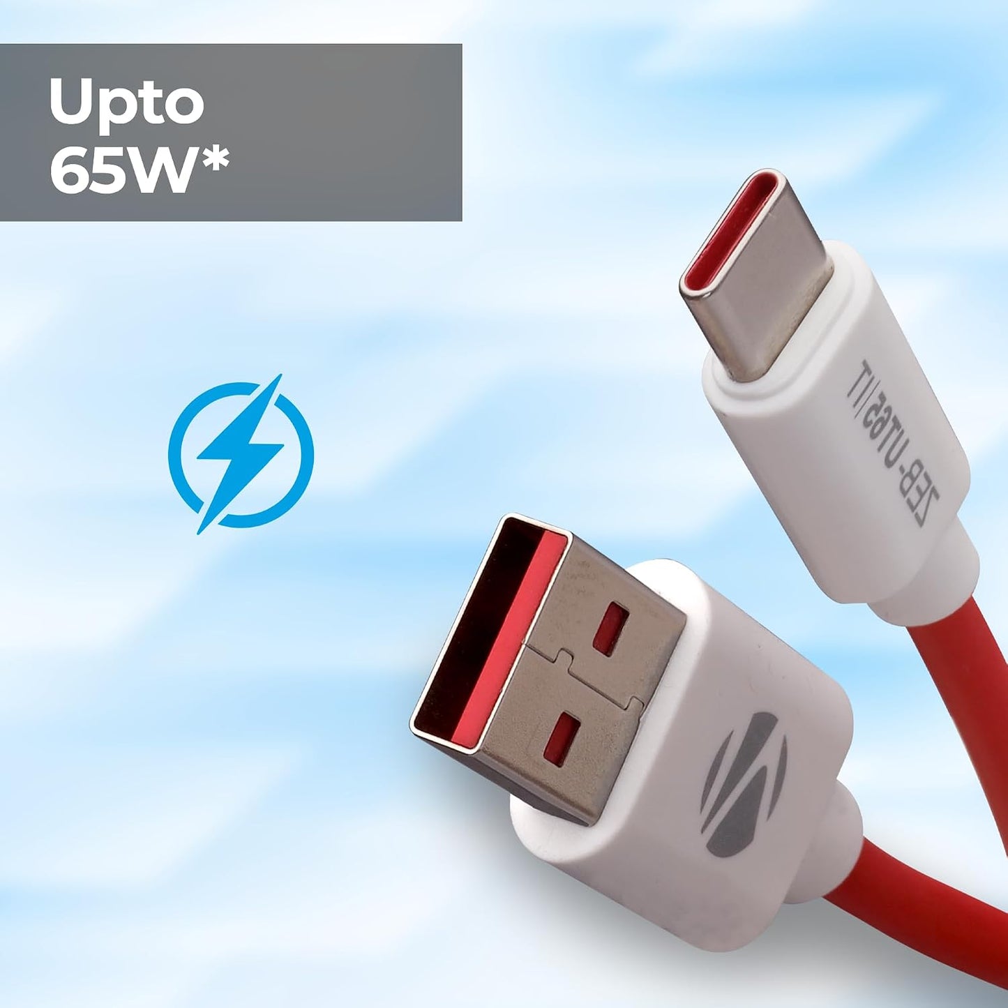 Zebronics UT65 USB to Type C Charging Cable, 65W, 6.5 A Fast Charging (Red & White) 1.0 unit