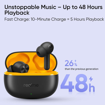 REALME Buds T200 Lite Bluetooth in Ear Earbuds,4 Mic, AI ENC for Calls,48 Hours Total Playback with Fast Charging and Low Latency Gaming TWS,Google Fast Pair, with mic (Volt Black) 1.0 unit