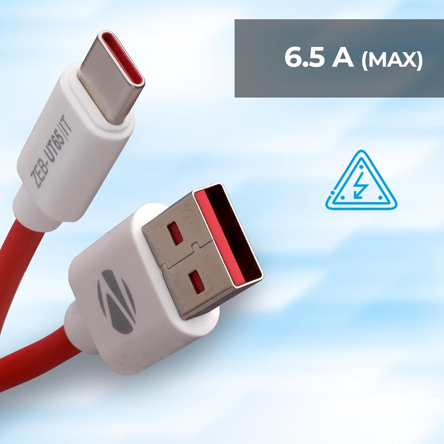 Zebronics UT65 USB to Type C Charging Cable, 65W, 6.5 A Fast Charging (Red & White) 1.0 unit