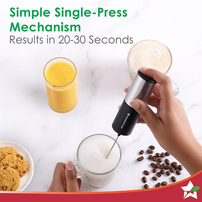 Wonderchef Regalia 6W Milk Frother for Coffee - Handheld Battery-Operated for Coffee, Lattes, Lemonade, Hot Chocolates and Shakes - Black