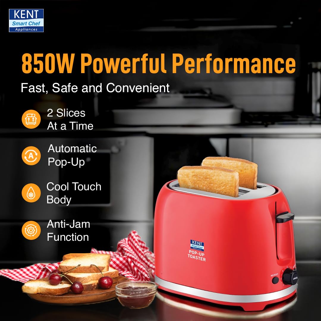 KENT Pop Up Toaster 850 Watts|2 Slice Automatic Pop Up|Cool Touch Body|7 Browning Modes|Reheat Function|Removable Bread Crumb Tray|Cord Storage Under Base|Red