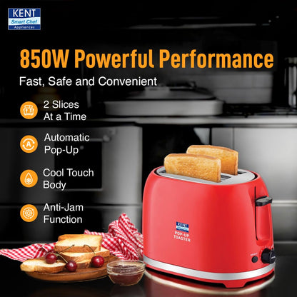 KENT Pop Up Toaster 850 Watts|2 Slice Automatic Pop Up|Cool Touch Body|7 Browning Modes|Reheat Function|Removable Bread Crumb Tray|Cord Storage Under Base|Red