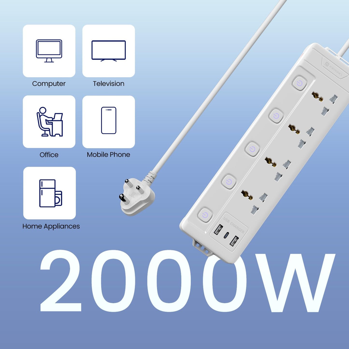 Portronics Power Plate 19 2000W Power Extender - White 1.0 Piece