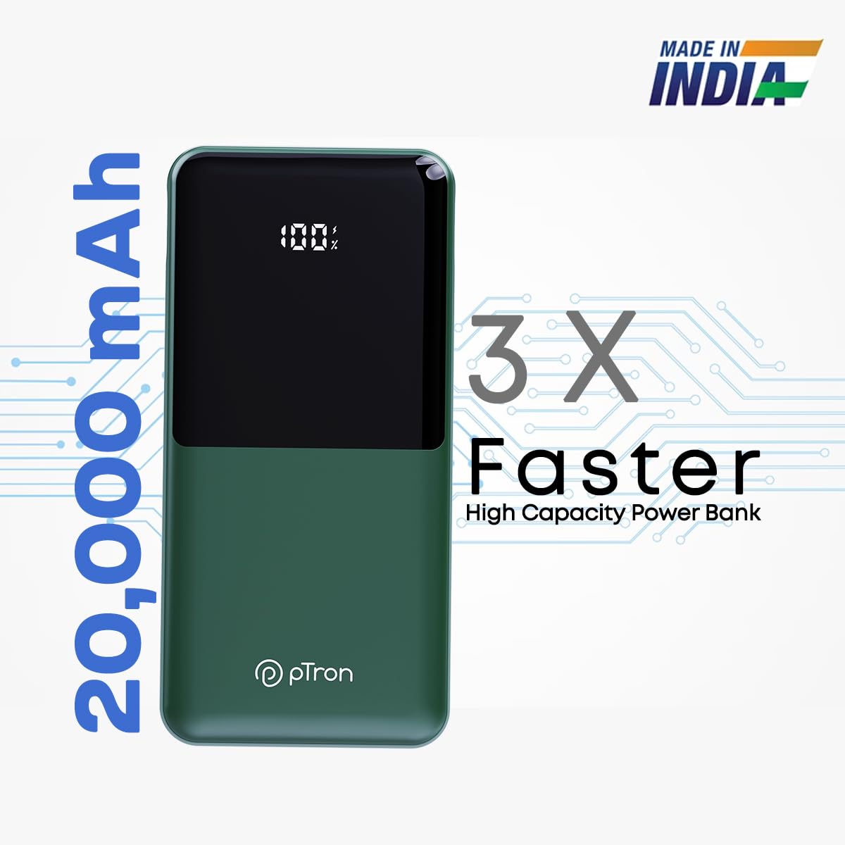pTron Dynamo Power 20000mAh 22.5W Super Fast Charging Power Bank & LED Battery Display (Green) 1.0 Piece