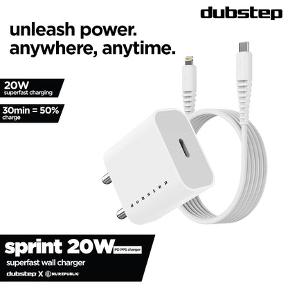 Dubstep Sprint 20W USB-C Charger with PD PPS 3.0 Supports All Fast Charging Technologies (With Type-C To L Cable, White) 1.0 unit
