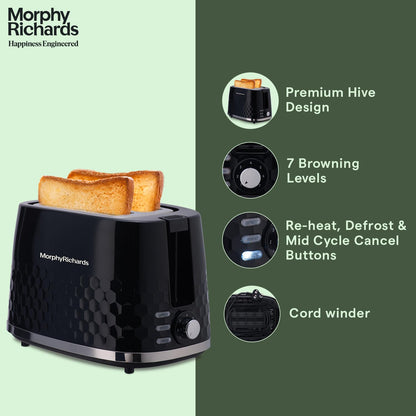 Morphy Richards Hive Series Pop Up Toaster With 2 Slice, Glossy Black, 850 Watts