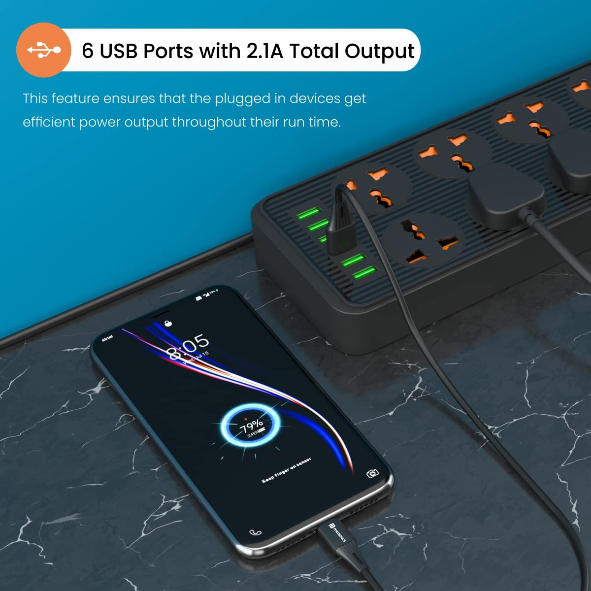 Portronics Power Plate 7 With 6 USB Port + 8 Power Sockets Power Converter - Black 1.0 Piece
