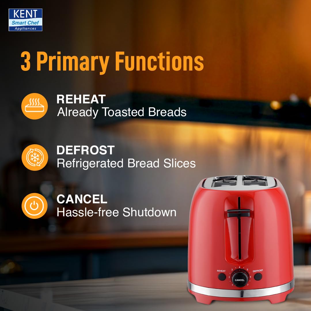KENT Pop Up Toaster 850 Watts|2 Slice Automatic Pop Up|Cool Touch Body|7 Browning Modes|Reheat Function|Removable Bread Crumb Tray|Cord Storage Under Base|Red