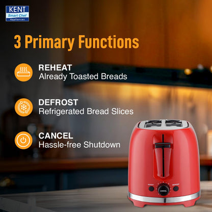 KENT Pop Up Toaster 850 Watts|2 Slice Automatic Pop Up|Cool Touch Body|7 Browning Modes|Reheat Function|Removable Bread Crumb Tray|Cord Storage Under Base|Red