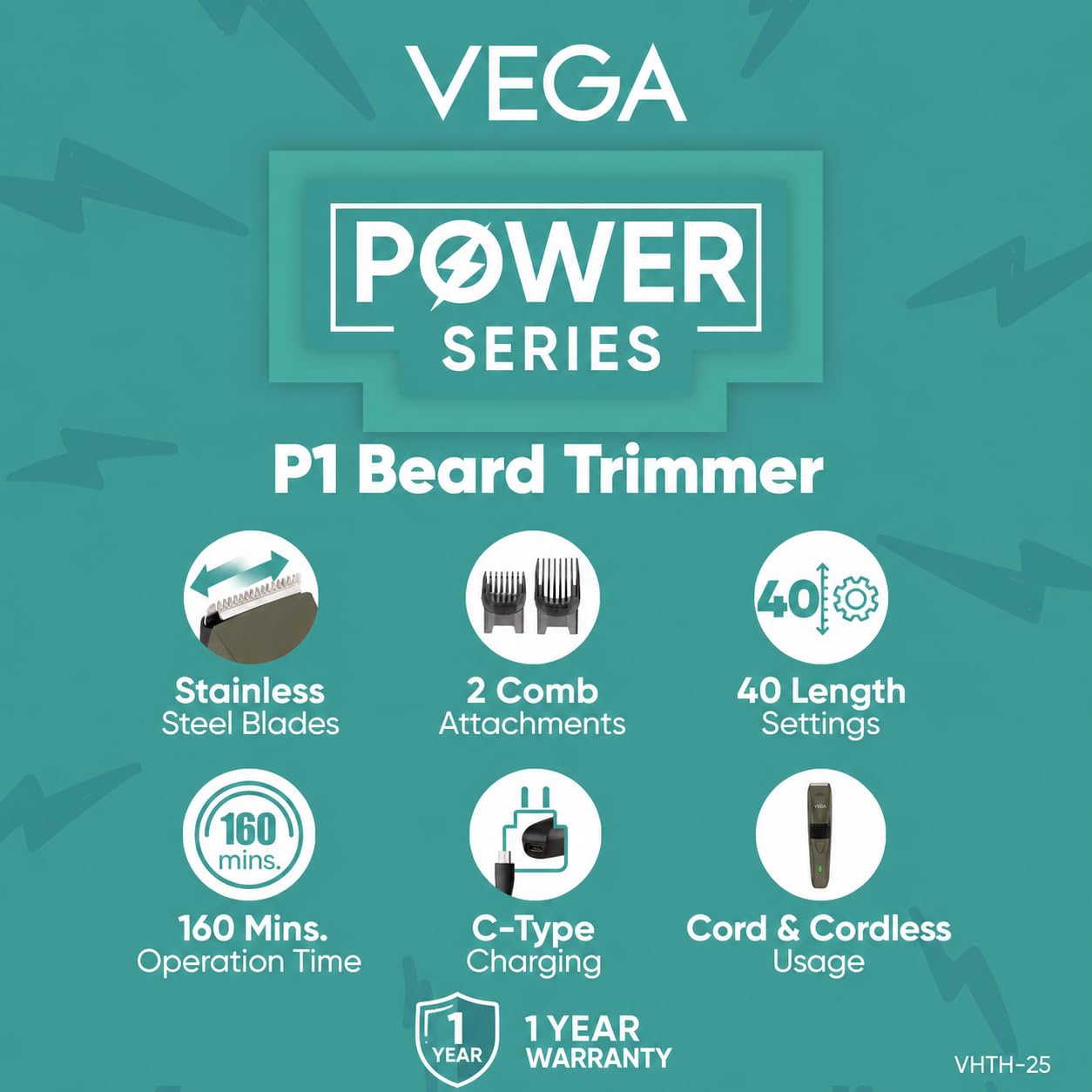 VEGA P1 Battery Powered Beard Trimmer for Men, USB C Type, 160 Mins Runtime 2 Beard Comb (VHTH-25) 1.0 unit