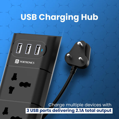 Portronics Power Plate 2 With 3 USB Ports + 3 Power Sockets Power Extender - Black 1.0 Piece