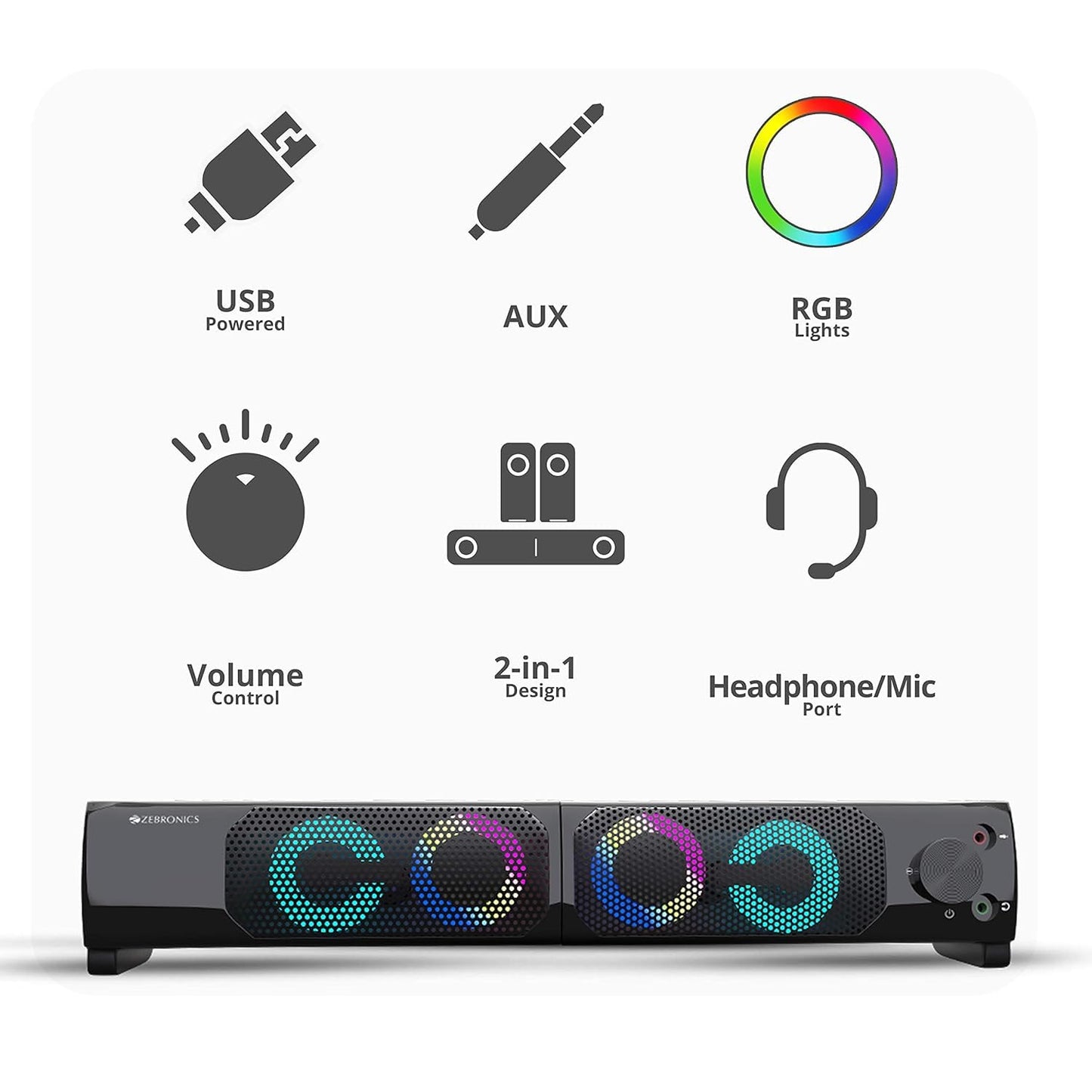 Zebronics Wonderbar 10 2.0 Speaker, RGB Lights, 10W, 2-Way design 2.0 pieces