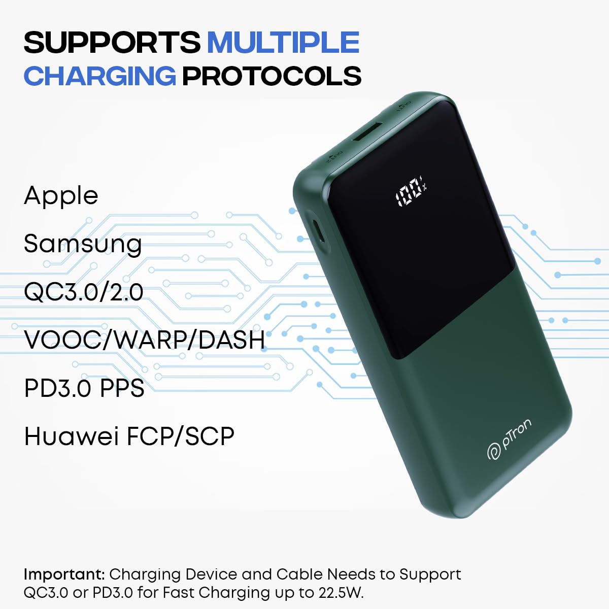pTron Dynamo Power 20000mAh 22.5W Super Fast Charging Power Bank & LED Battery Display (Green) 1.0 Piece