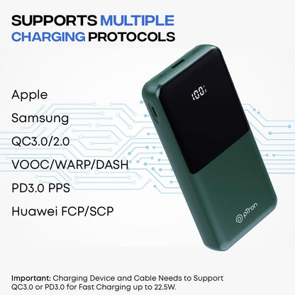 pTron Dynamo Power 20000mAh 22.5W Super Fast Charging Power Bank & LED Battery Display (Green) 1.0 Piece