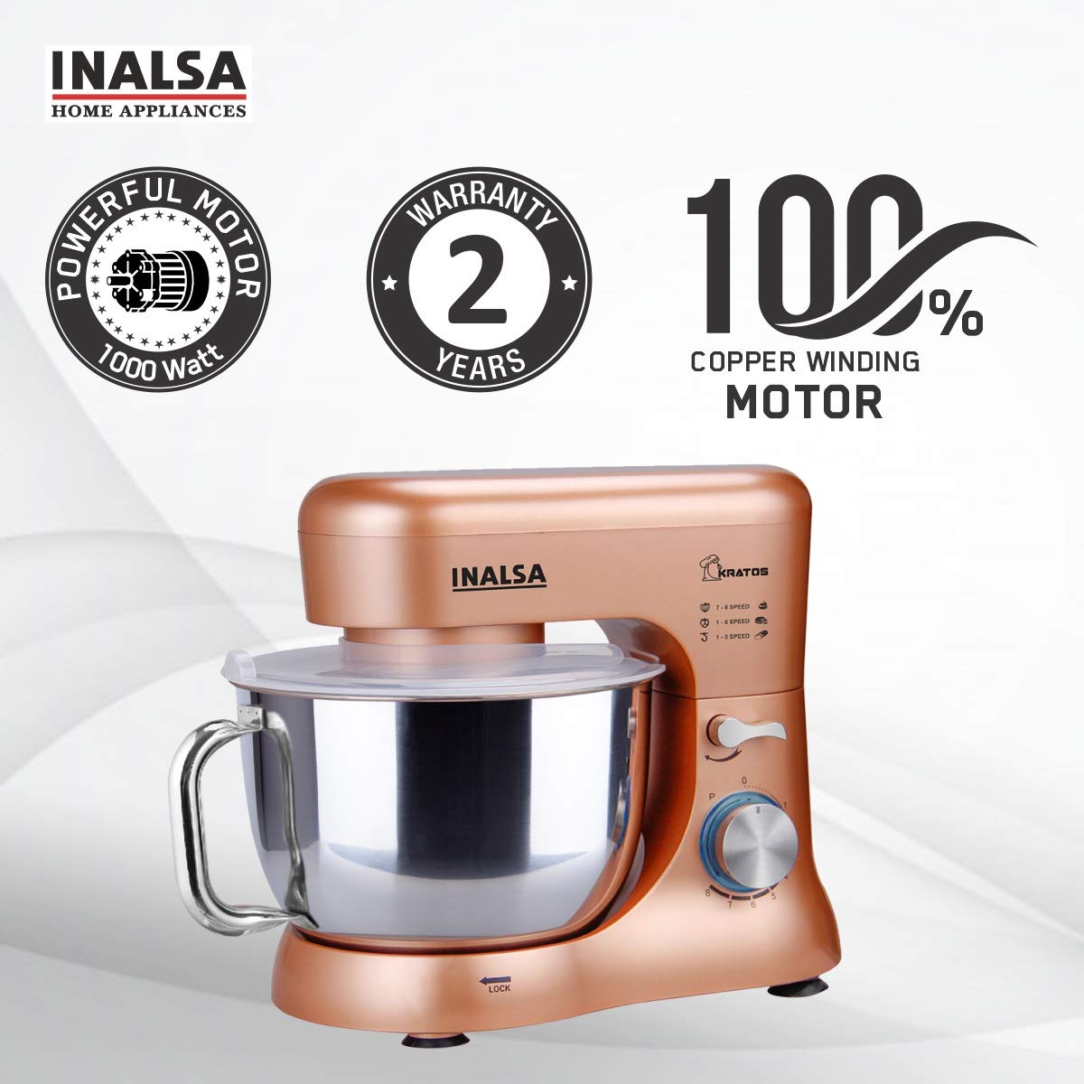 Inalsa Kratos Stand Mixer,Stainless Steel, 1000W (Rose Gold) 1.0 Piece