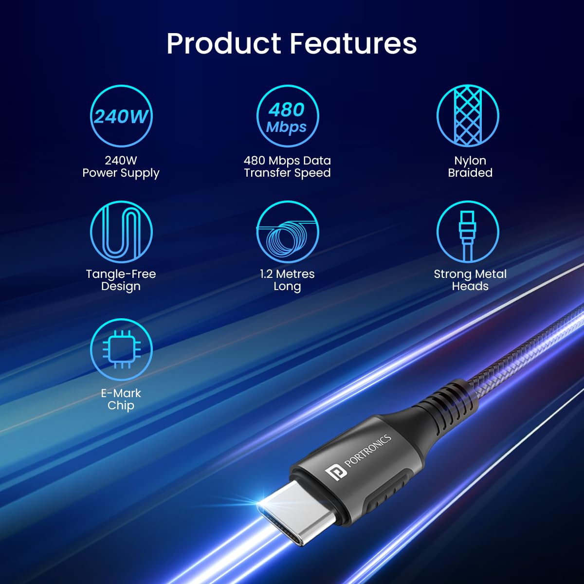 Portronics Konnect 240 C 240W Type C to Type C 1 MTR Cable - Black 1.0 Piece