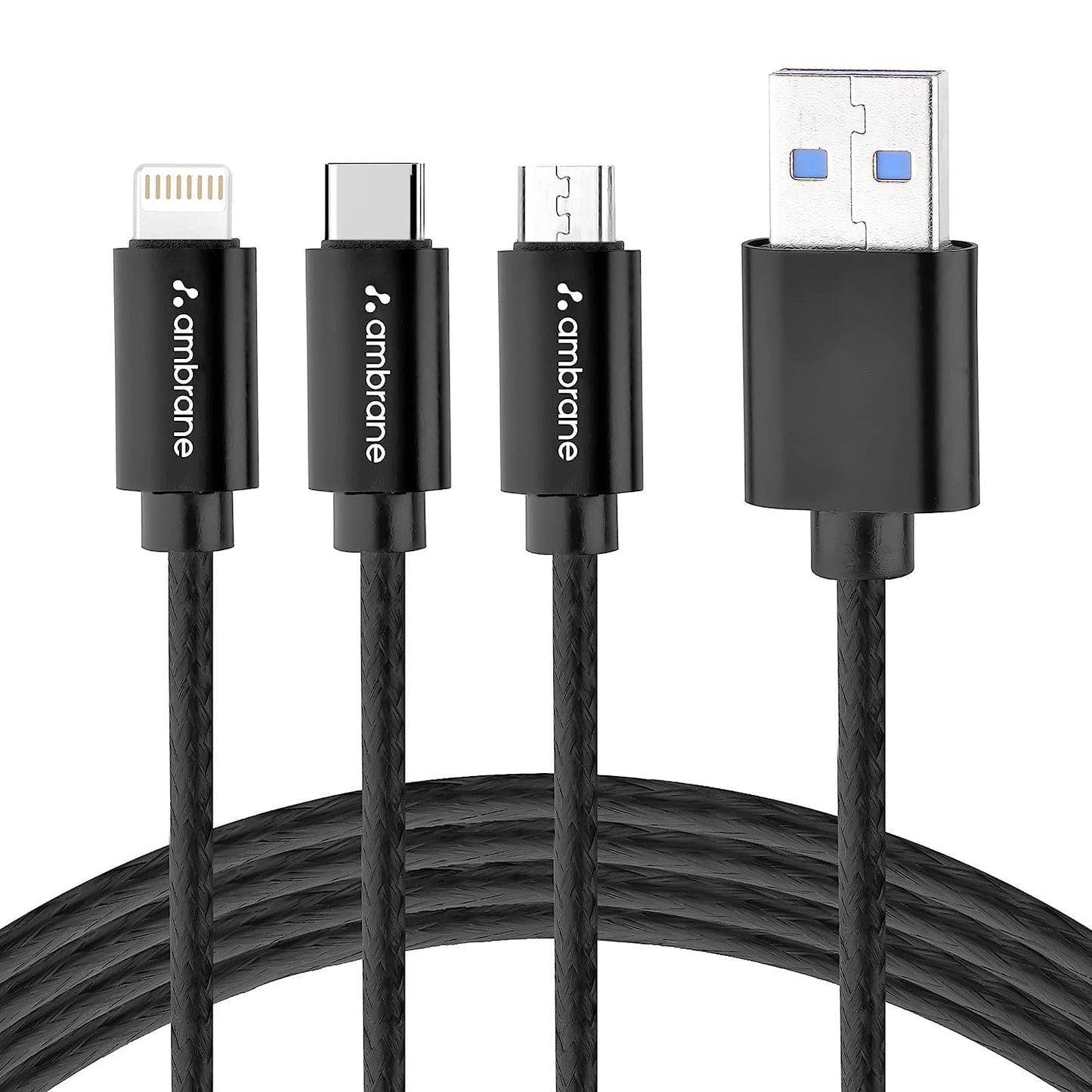 Ambrane 3in1 USB Fast Charging Cable with Type C, Lightning, Micro USB Port with 2.1A (Trio-11, Black) 1.0 unit