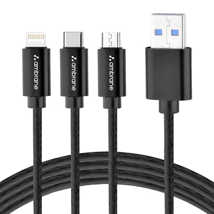 Ambrane 3in1 USB Fast Charging Cable with Type C, Lightning, Micro USB Port with 2.1A (Trio-11, Black) 1.0 unit
