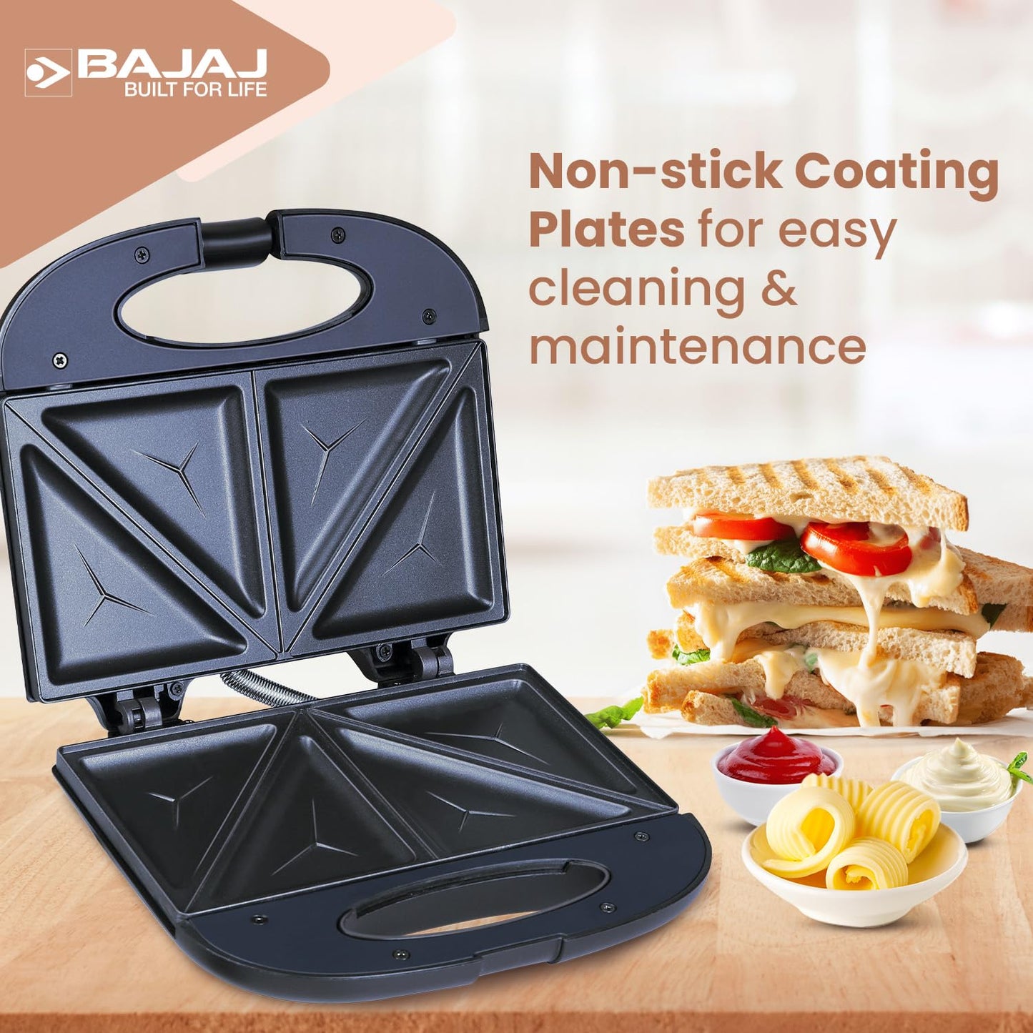 Bajaj SWX 3 Deluxe 800W 2-Slice Sandwich Toaster with Toast Plates | Non-Stick Coated Plates | Upright Compact Storage | Buckle Clip Handle | 2-Yr Warranty by Bajaj 【Black】