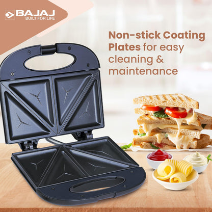 Bajaj SWX 3 Deluxe 800W 2-Slice Sandwich Toaster with Toast Plates | Non-Stick Coated Plates | Upright Compact Storage | Buckle Clip Handle | 2-Yr Warranty by Bajaj 【Black】