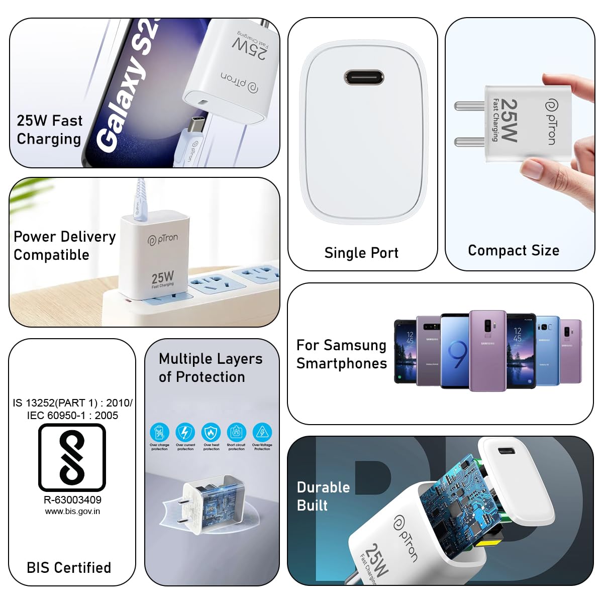 pTron Volta FC19 Fast Charging Type-C 25 W Charger for Samsung Phones (White) 1.0 unit