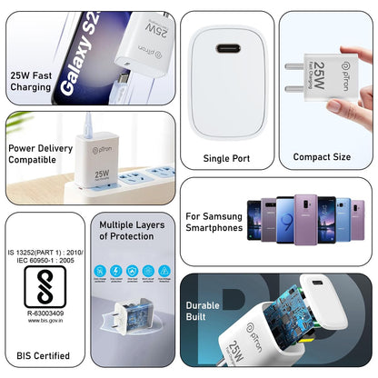 pTron Volta FC19 Fast Charging Type-C 25 W Charger for Samsung Phones (White) 1.0 unit