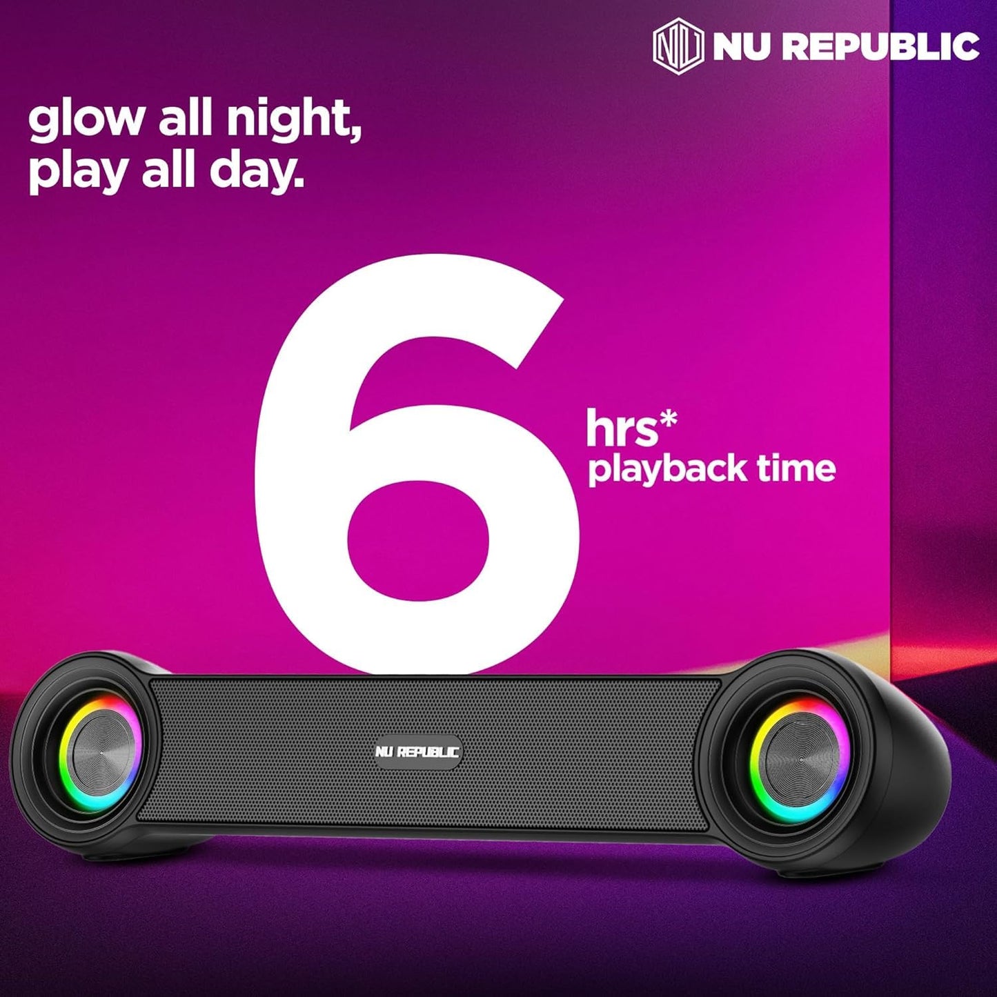 Nu Republic Partybox 180 with 18W Output, Upto 6 Hrs Playtime, 52mm Dynamic Driver, Vibrant RGB Light Bluetooth Soundbar (Black)