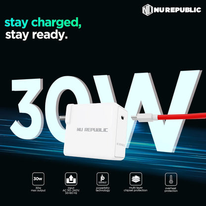 Nu Republic All-in-one 25W Charger With USB A To Type C Cable Included (White-Red) 1.0 unit