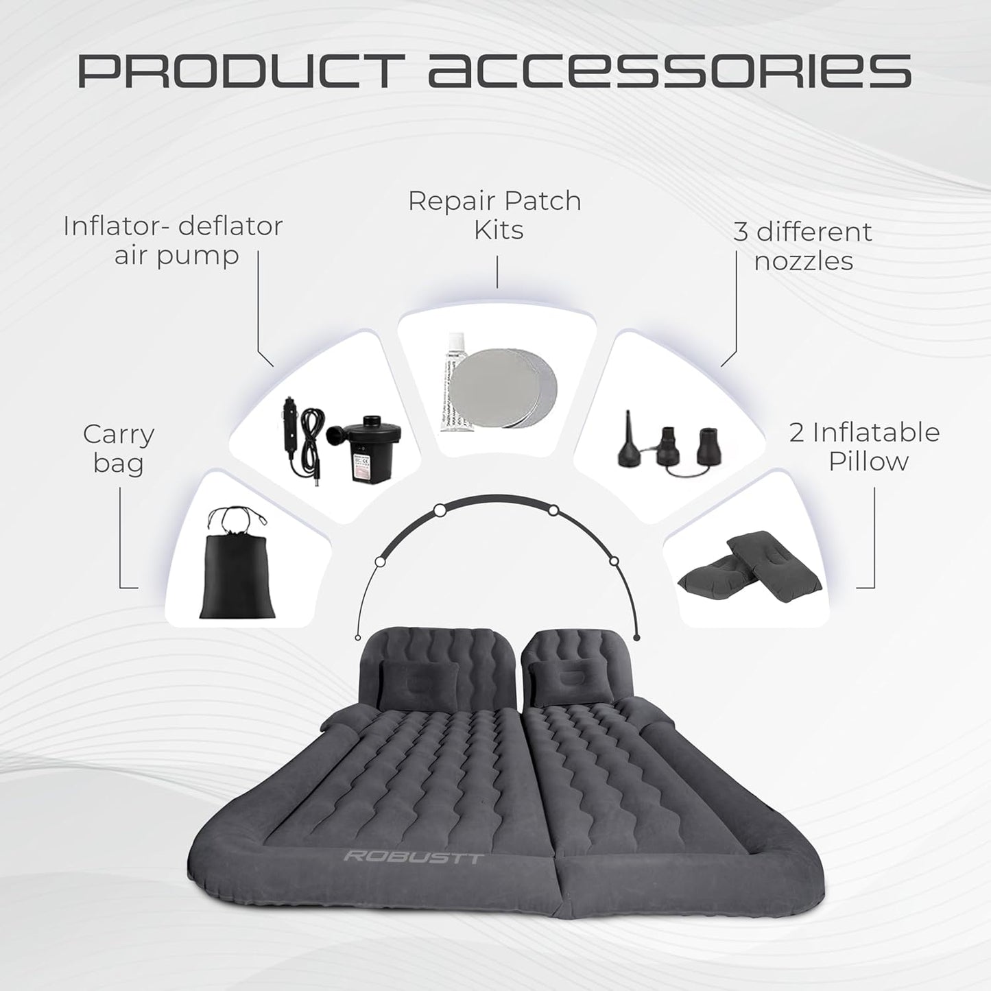 Robustt SUV Car Inflatable Bed - Black (Pack of 1) | 2 Air Pillow & Air Pump | Car Sleeping Bed for Kids | Car Back Seat Bed | Quick Inflatable Bed |