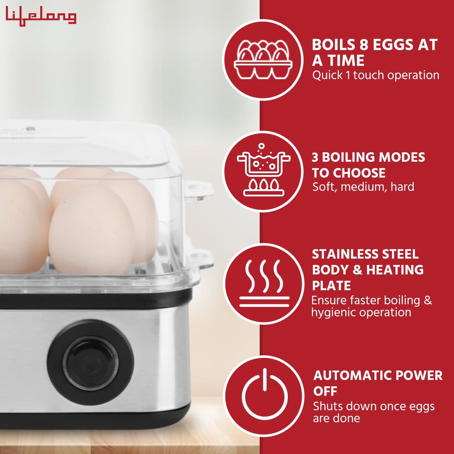Lifelong 2-in1 Egg Boiler and Poacher, boil upto 8 eggs, Poach 4 eggs 1.0 unit