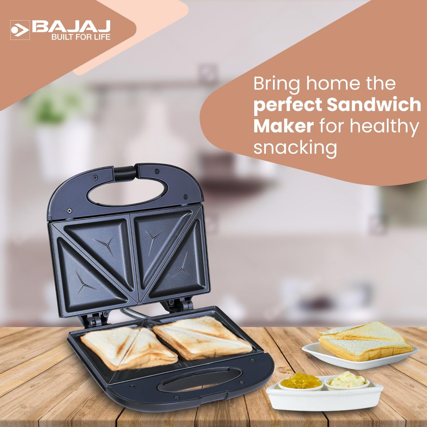 Bajaj SWX 3 Deluxe 800W 2-Slice Sandwich Toaster with Toast Plates | Non-Stick Coated Plates | Upright Compact Storage | Buckle Clip Handle | 2-Yr Warranty by Bajaj 【Black】