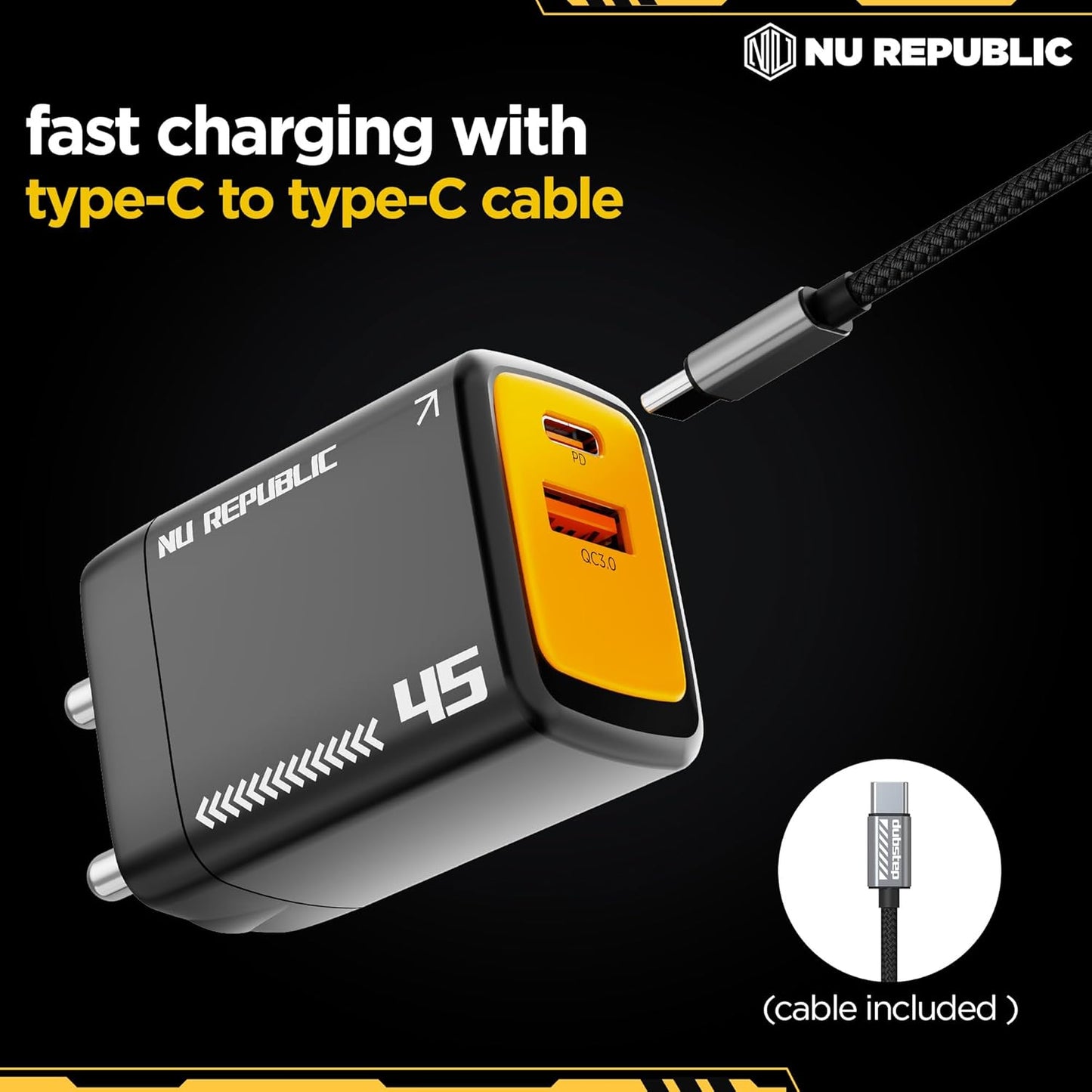 Nu Republic Cybotron 45W GaN Superfast Wall Charger with Type-C To Type-C Cable (Black) 1.0 Piece