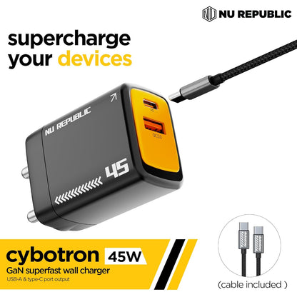 Nu Republic Cybotron 45W GaN Superfast Wall Charger with Type-C To Type-C Cable (Black) 1.0 Piece