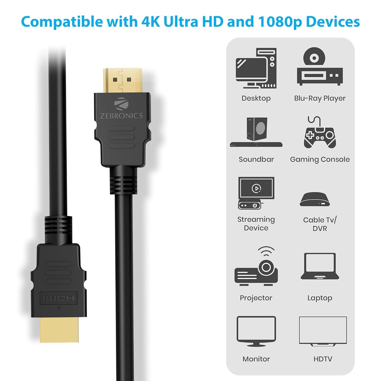 Zebronics HAA1520 HDMI Cable, 1.5m Length, Gold Plated Connectors, Supports 3D, 4K, ARC (Black) 1.0 unit