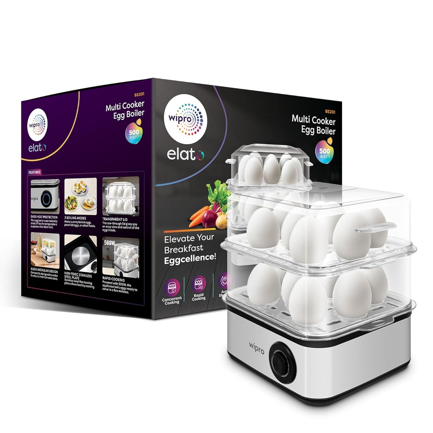 Wipro Elato BE201 Multicook egg boiler, 4-in-1(boils 16 eggs), 500W, Steam Rice, Cook Vegetable 1.0 unit
