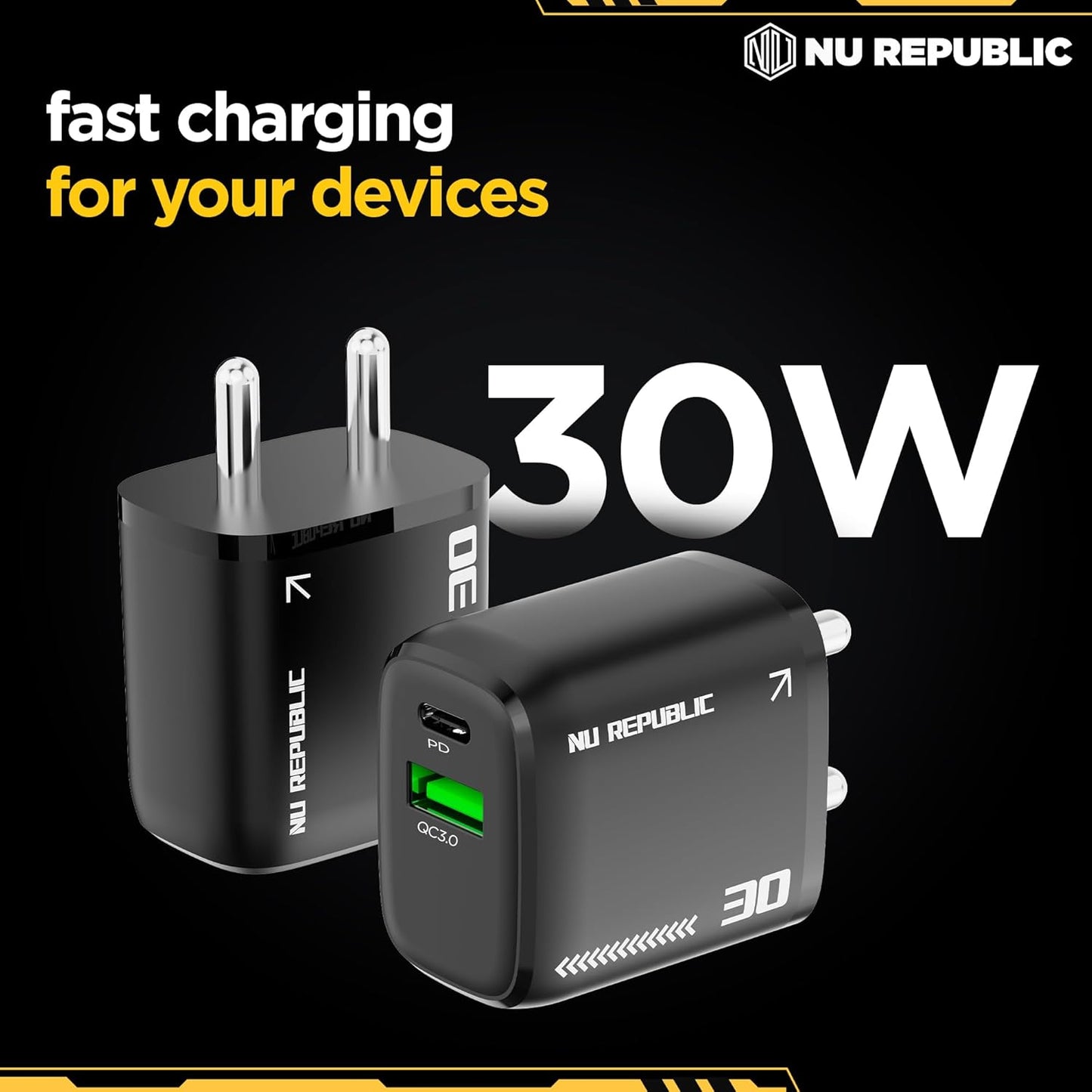Nu Republic Cybotron 30W GaN Superfast Wall Charger with Type-C To Type-C Cable (Black) 1.0 Piece