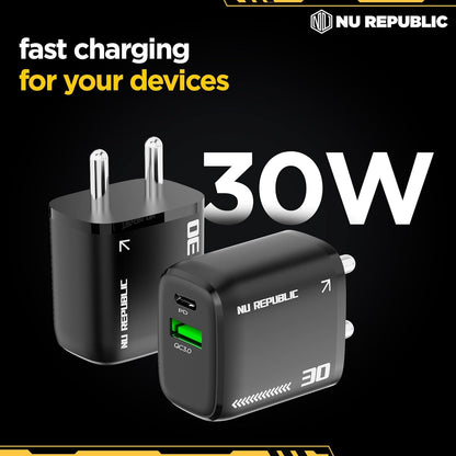 Nu Republic Cybotron 30W GaN Superfast Wall Charger with Type-C To Type-C Cable (Black) 1.0 Piece