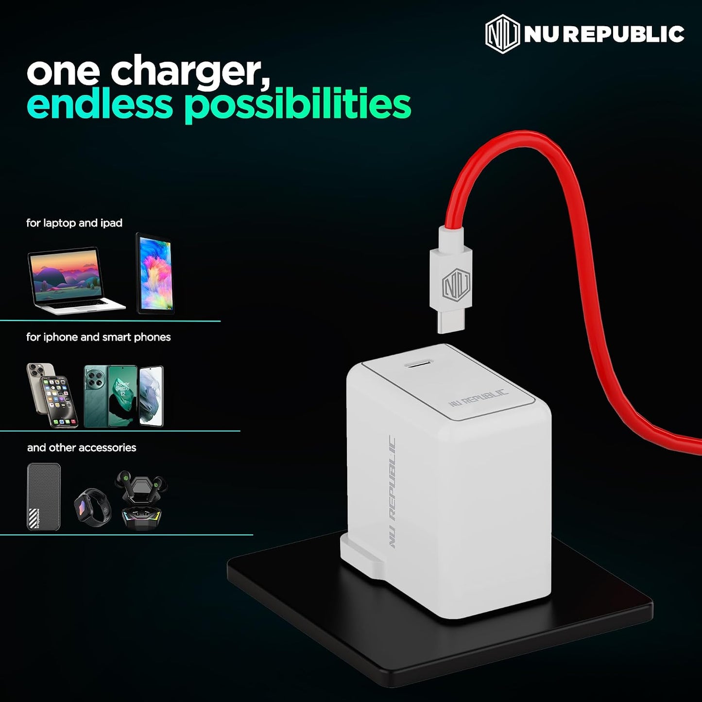 Nu Republic All-in-one 25W Charger With USB A To Type C Cable Included (White-Red) 1.0 unit